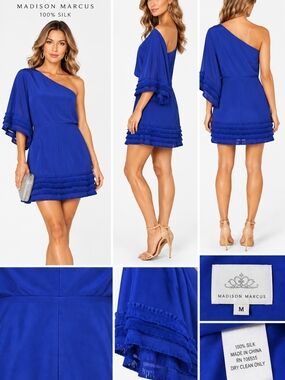 Madison Marcus Electric Blue One-Shoulder Silk Mini Dress